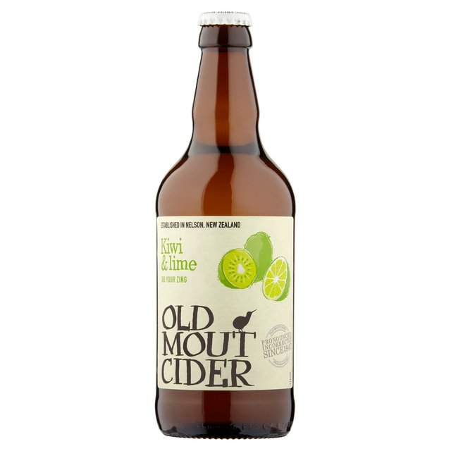 Brown glass bottle of Old Mout Kiwi & Lime Cider, featuring a light green label with kiwi and lime graphics, showcasing a refreshing beverage option in a 12-pack.
