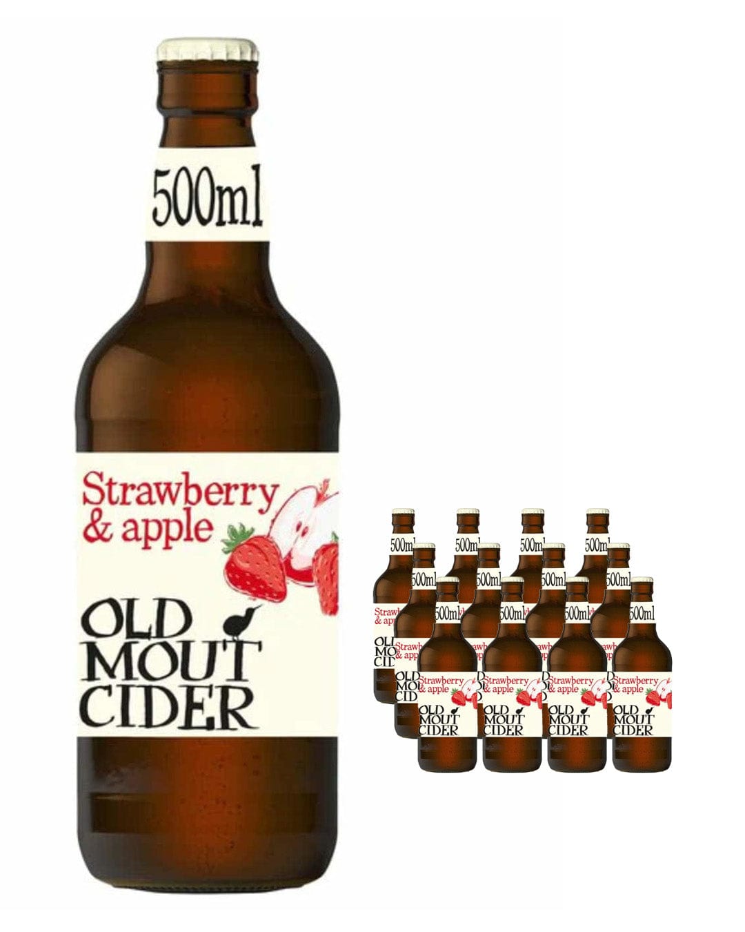 Brown glass bottles of Old Mout Strawberry & Apple Cider, featuring a white label with red text and illustrations of strawberries and apples, arranged in a 12-pack.