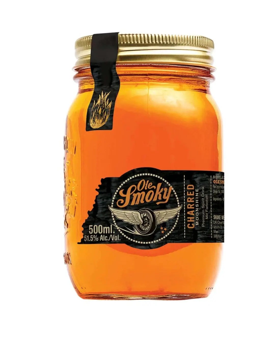 Clear glass jar filled with amber-colored moonshine, featuring a black label with gold accents and the Ole Smoky logo, holding 500ml and marked 51.5% alcohol by volume.