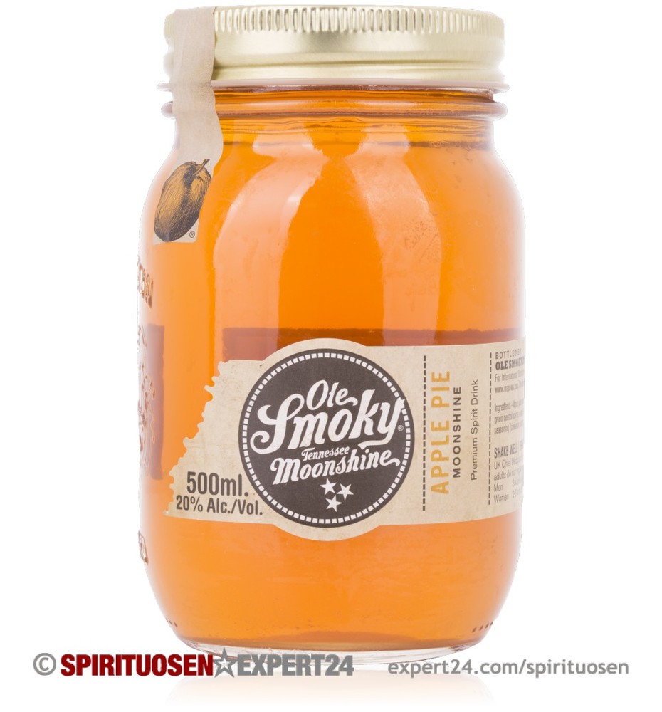 Clear glass jar filled with bright orange liquid, labeled "Ole Smoky Tennessee Apple Pie Moonshine," featuring a rustic paper label and a metal lid.