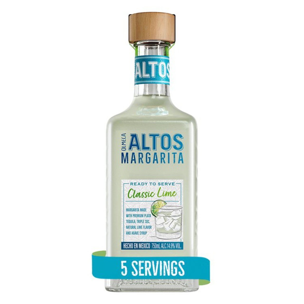 Clear glass bottle with a wooden cork, labeled "Olmeca Altos Margarita" in blue and white, featuring a lime illustration and "Classic Lime" text, holding 75 cl and 14.9% ABV.