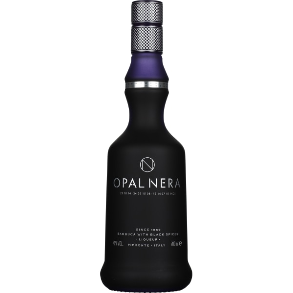 Opal Nera Original Black Liqueur bottle features a sleek black glass design with a silver and purple cap, labeled prominently with "OPAL NERA" and details about its contents.