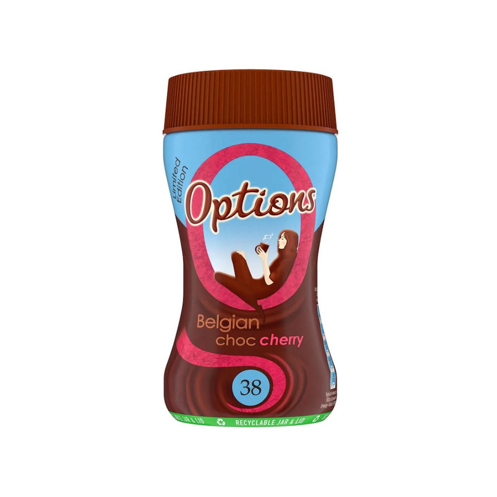 A 220g jar of Options Belgian Choc Winter Spice featuring a brown and light blue design, with a brown lid and labels highlighting low fat, cinnamon, and spices.