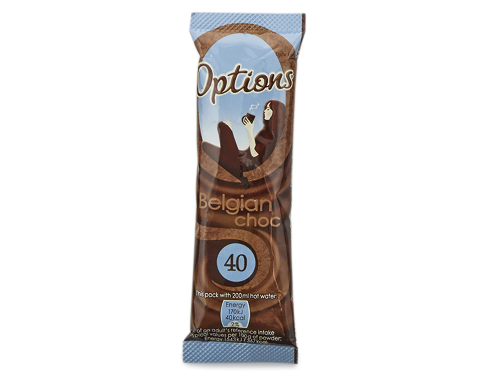 Options Belgian Hot Chocolate sachet in a brown and blue packet, featuring "Belgian choc" and "40" prominently, designed for 200ml hot water preparation.