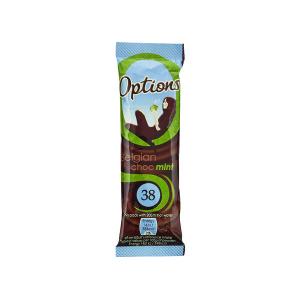 Options Hot Chocolate sachet in blue and green packaging, featuring a chocolate splash design, labeled "Mint Belgian Chocolate," with a net weight of 38g.