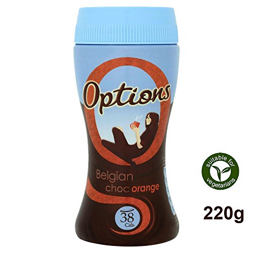 Options Hot Chocolate jar in a blue and brown design, featuring "Belgian choc orange" label, 220g size, and a lid, with a vegetarian symbol on the side.