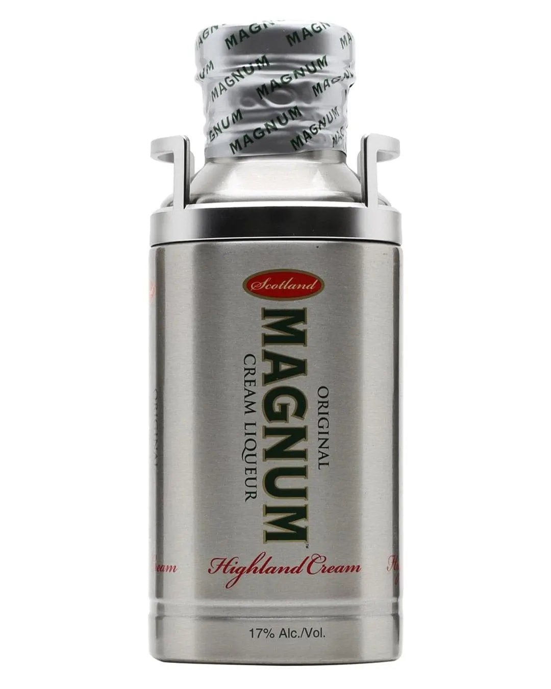 Silver cylindrical bottle of Original Magnum Highland Cream Liqueur, featuring a black and white cap, with bold "MAGNUM" branding and a label indicating 17% alcohol by volume.
