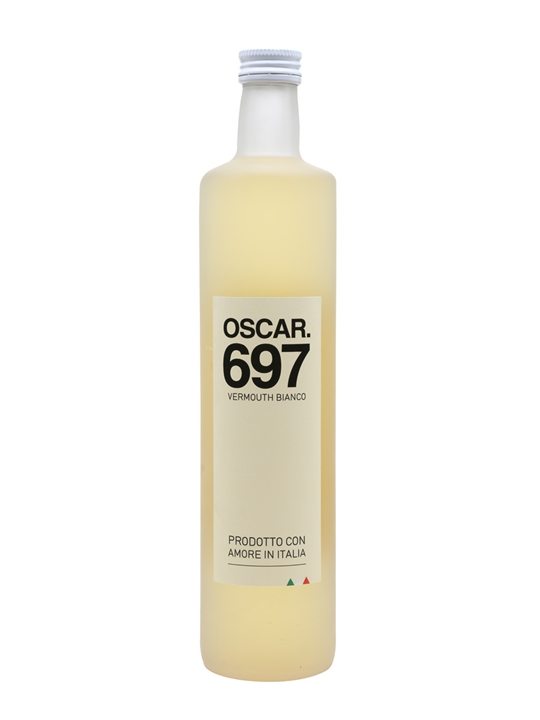 Clear glass bottle of Oscar 697 Bianco Vermouth, featuring a minimalist label with black text, a white cap, and a pale yellow liquid inside.