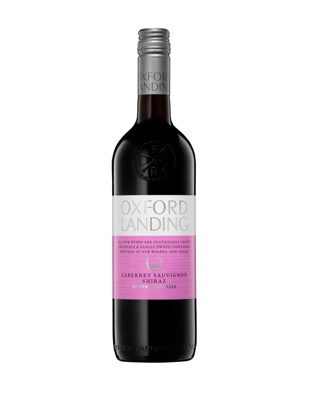 A dark red wine bottle with a sleek design, featuring a black cap, a white label with "OXFORD LANDING" in bold letters, and a pink section indicating "Cabernet Sauvignon Shiraz."