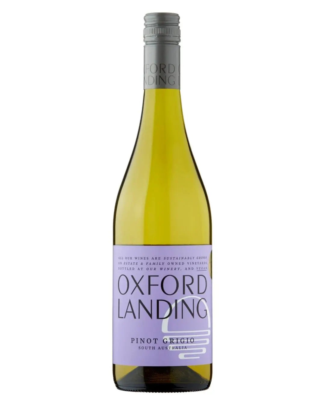 A clear glass bottle of Oxford Landing Pinot Grigio, 75 Cl, featuring a light yellow liquid, a silver cap, and a purple label with the brand name and wine type.