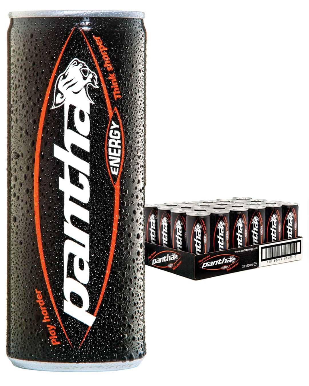 Black and silver can of Pantha Energy Drink with a textured, condensation-covered surface, featuring a bold logo and a multipack of 24 cans displayed in the background.