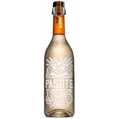 Clear glass bottle of PASOTE Anejo Tequila, 75 Cl, featuring a distinctive white and orange label with intricate designs and a cork stopper.