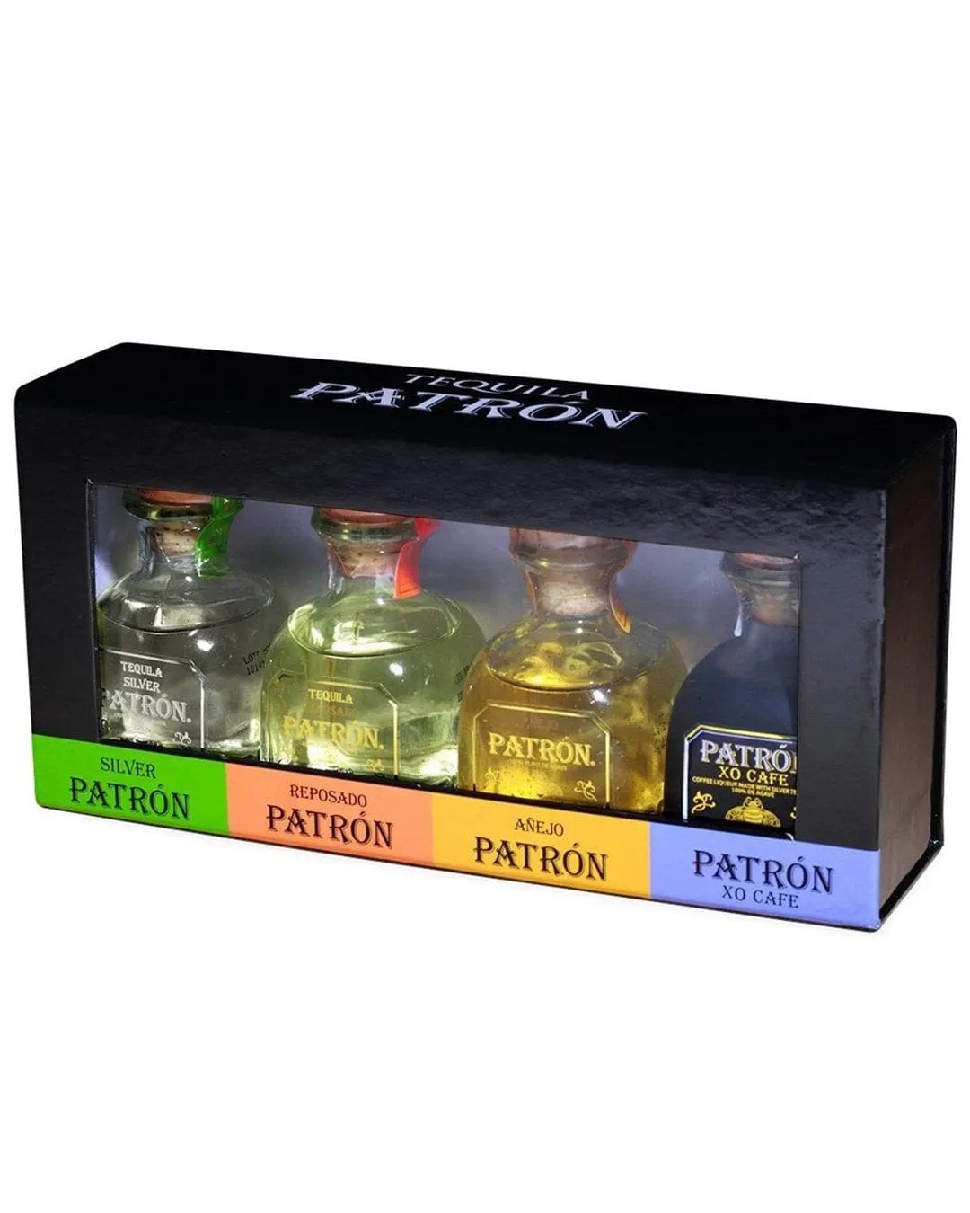 Four miniature tequila bottles in a black box, featuring Silver, Reposado, Anejo, and XO Cafe varieties, each with distinct colored labels and a clear front display.
