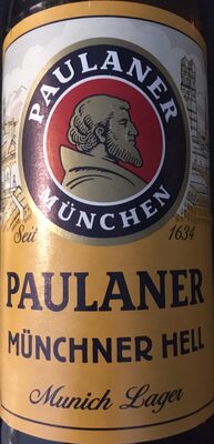 Paulaner Münchner Hell Lager beer multipack featuring a yellow label with a red logo, showcasing a bearded man, and includes 12 cans, each 500 ml in size.