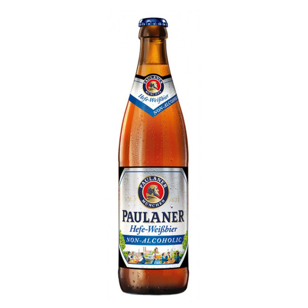 Amber glass bottle of Paulaner Weisbier Alcohol Free, featuring a blue and white label with the brand logo, showcasing a scenic design and "Non-Alcoholic" text.