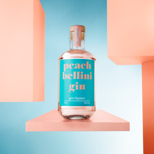 Clear glass bottle of Peach Bellini Gin Liqueur with a turquoise label featuring bold yellow text, displayed on a pastel pink shelf against a blue background.