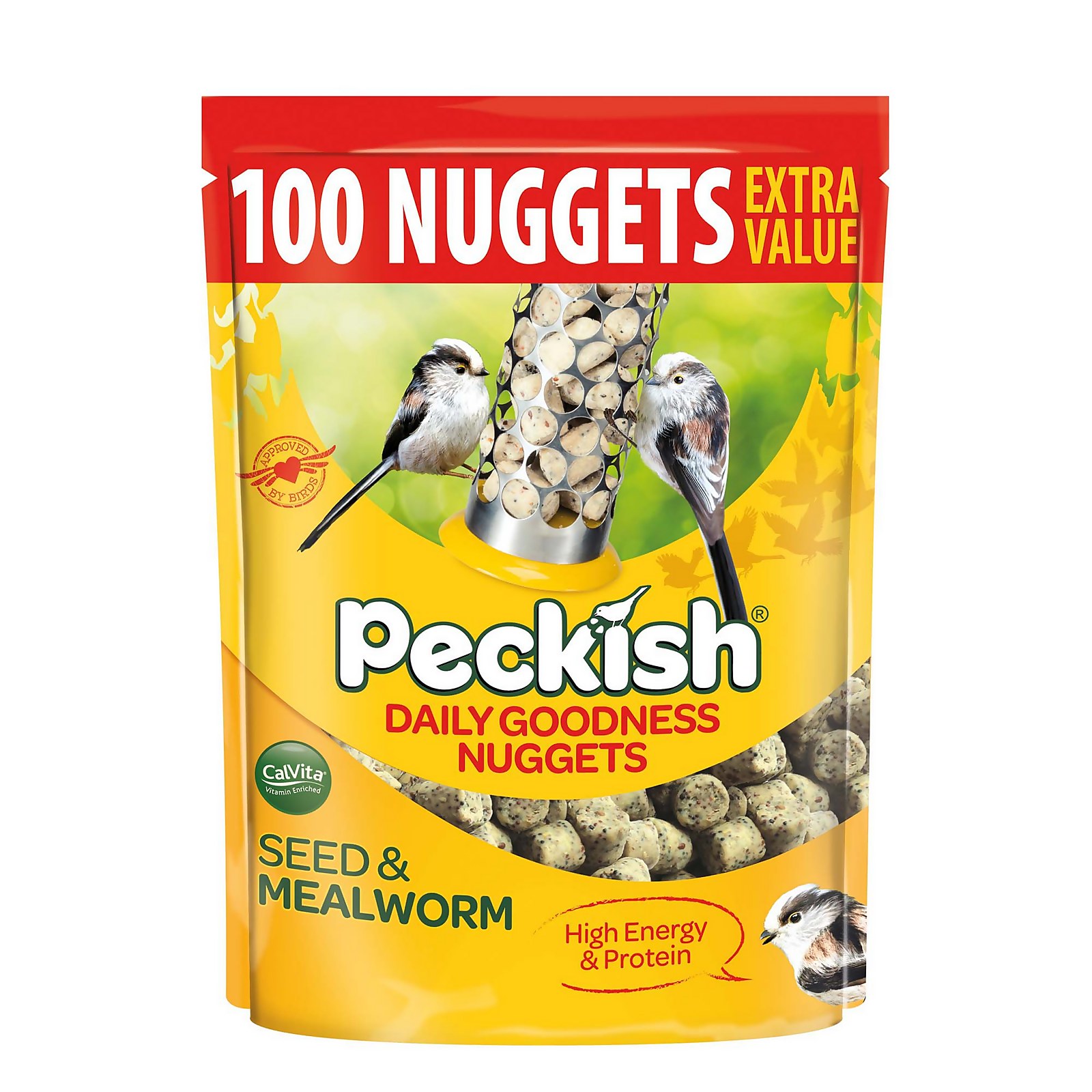 Bright yellow packaging featuring "Peckish Daily Goodness Seed and Mealworm Nuggets" with a red header, showing images of birds and a clear window displaying the nuggets inside.
