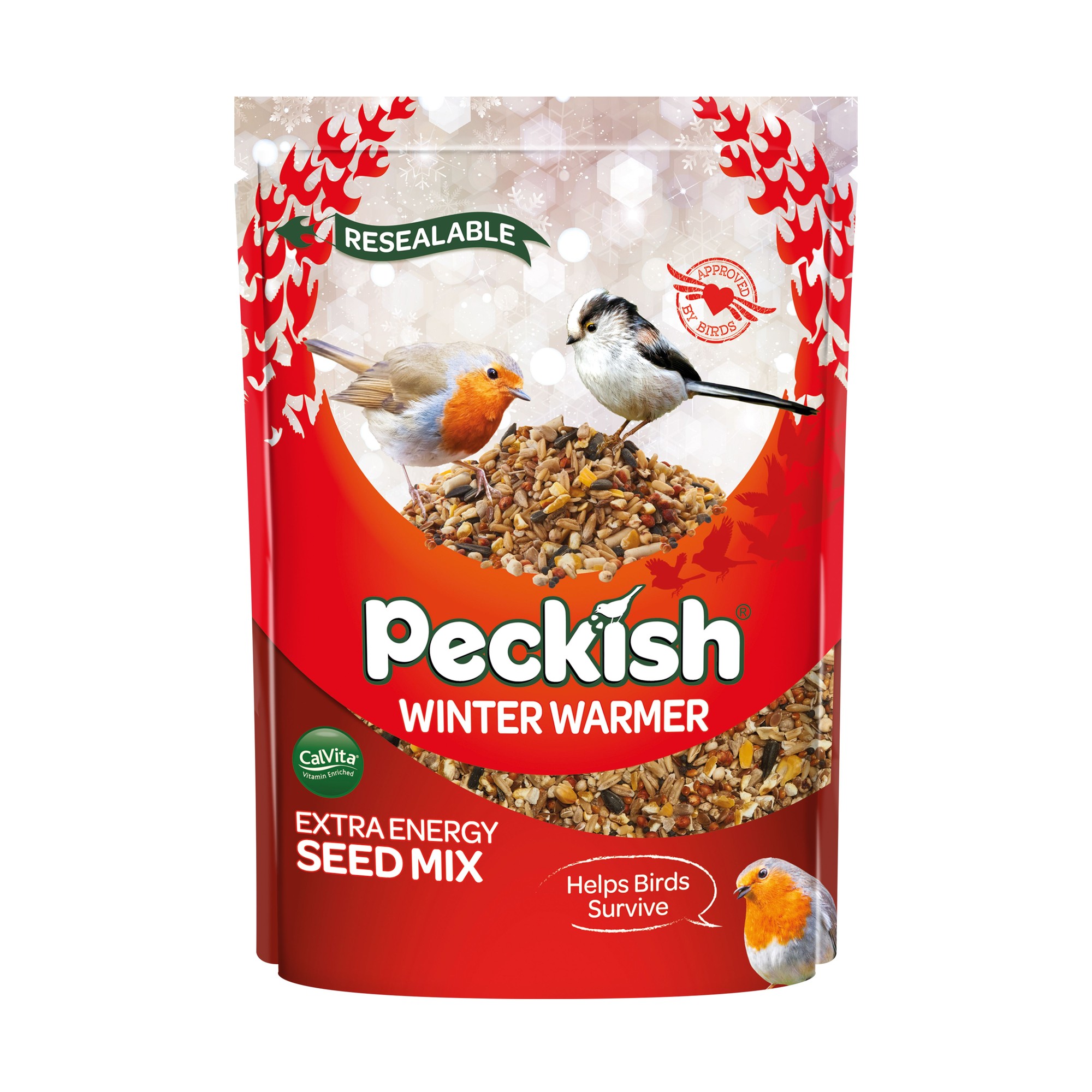 Red and white resealable bag of Peckish Winter Warmer 1Kg seed mix, featuring colorful birds on the front and text highlighting "Extra Energy" and "Helps Birds Survive."