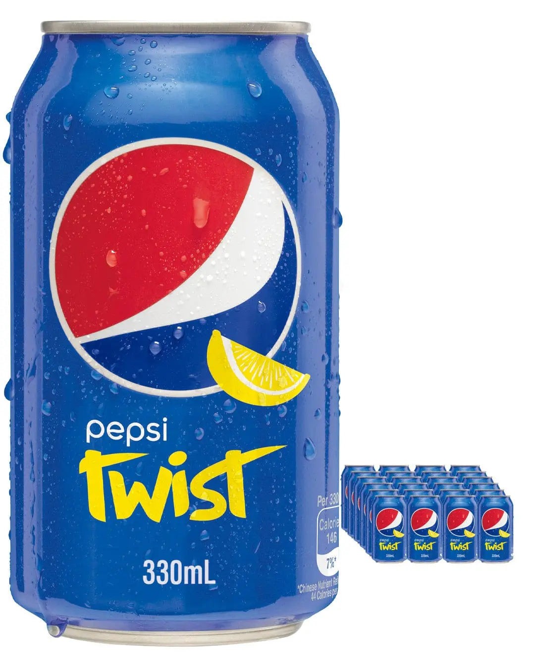 A vibrant blue can of Pepsi Twist, featuring a yellow lemon slice and bold logo, alongside a multipack of 24 cans, each 330ml, with condensation visible.