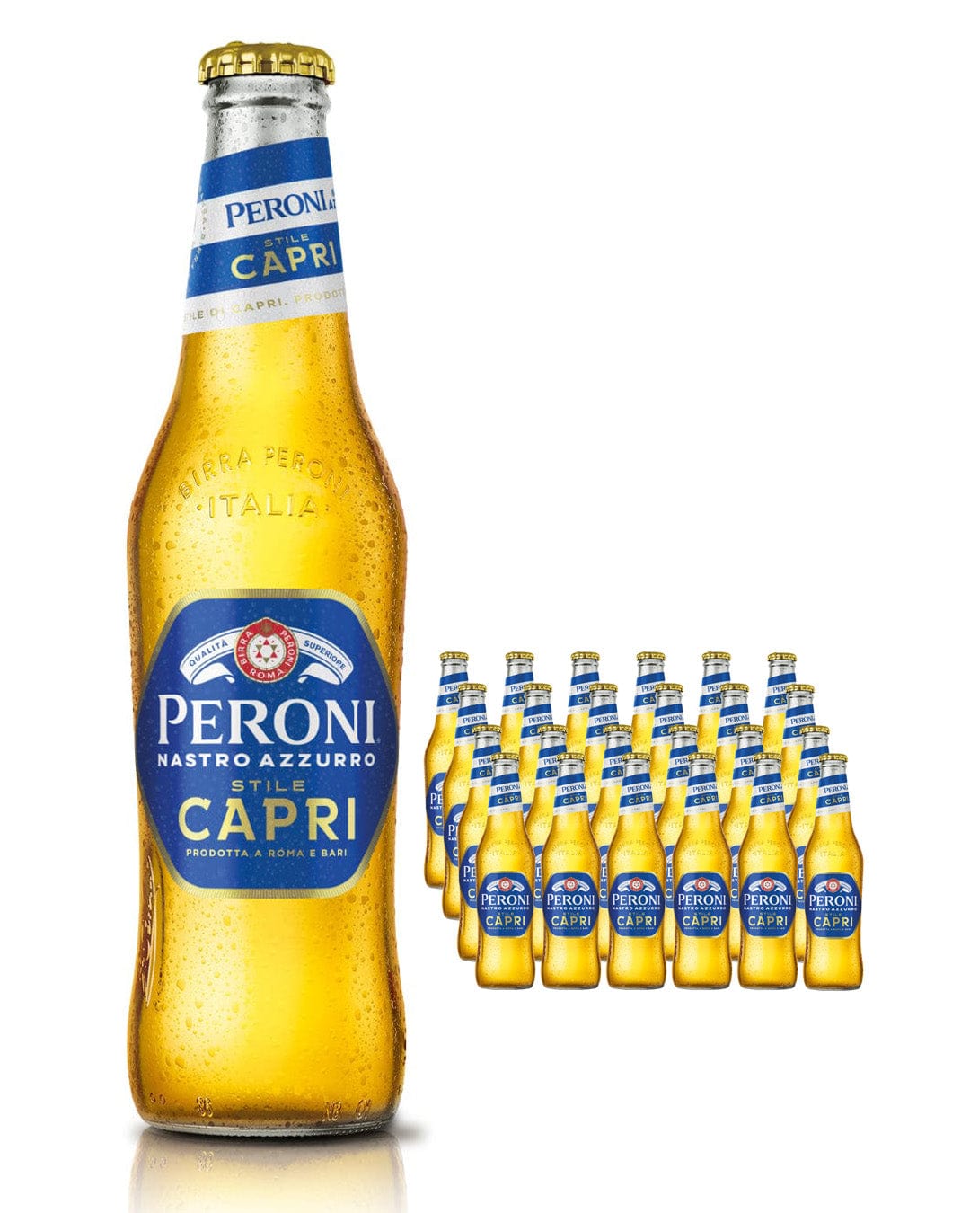 Clear glass bottle of Peroni Nastro Azzurro Stile Capri beer, featuring a blue label with white text, surrounded by multiple bottles in the background, all filled with golden beer.