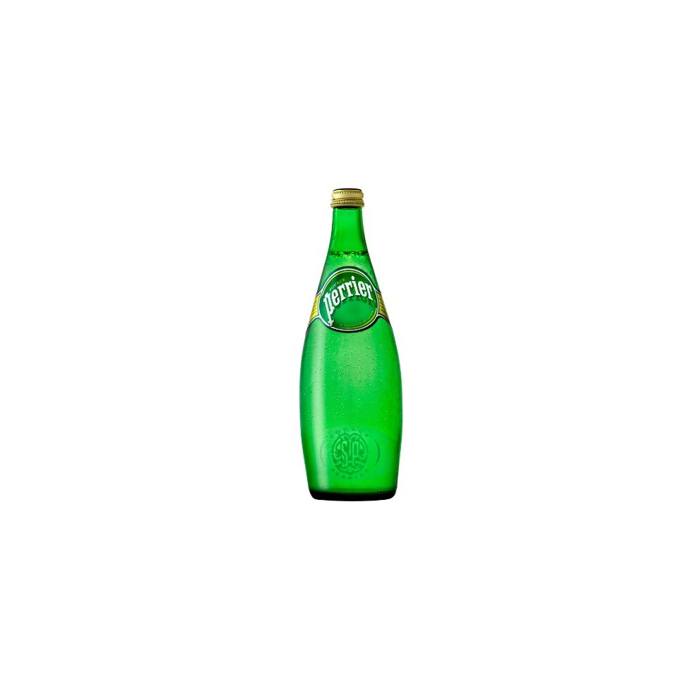 Green glass bottle of Perrier sparkling water, featuring a gold cap and a label with the brand name in white and red, showcasing the iconic curvy shape.