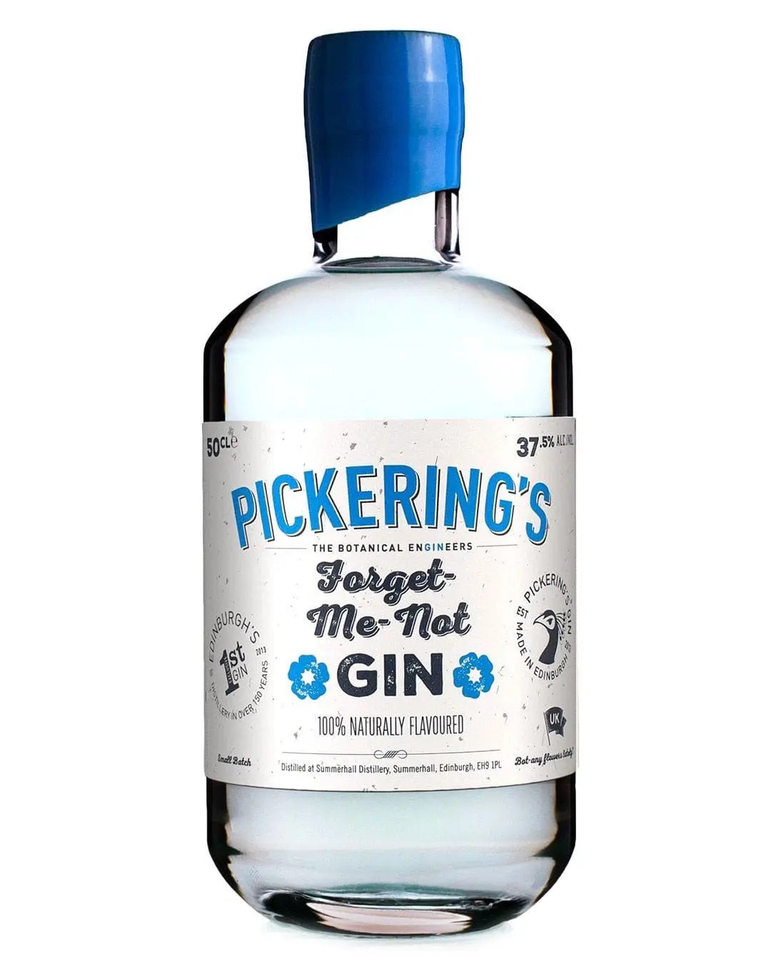 Clear glass bottle of Pickering's Forget Me Not Gin, featuring a blue cap, white label with blue and black text, and a botanical design, holding 50 cl of gin at 37.5% ABV.