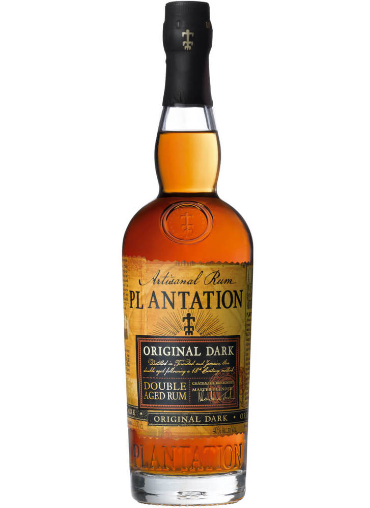 Clear glass bottle of Planteray Original Dark Rum, 70 Cl, featuring a golden amber liquid, a black cap, and a decorative label with gold and black accents.