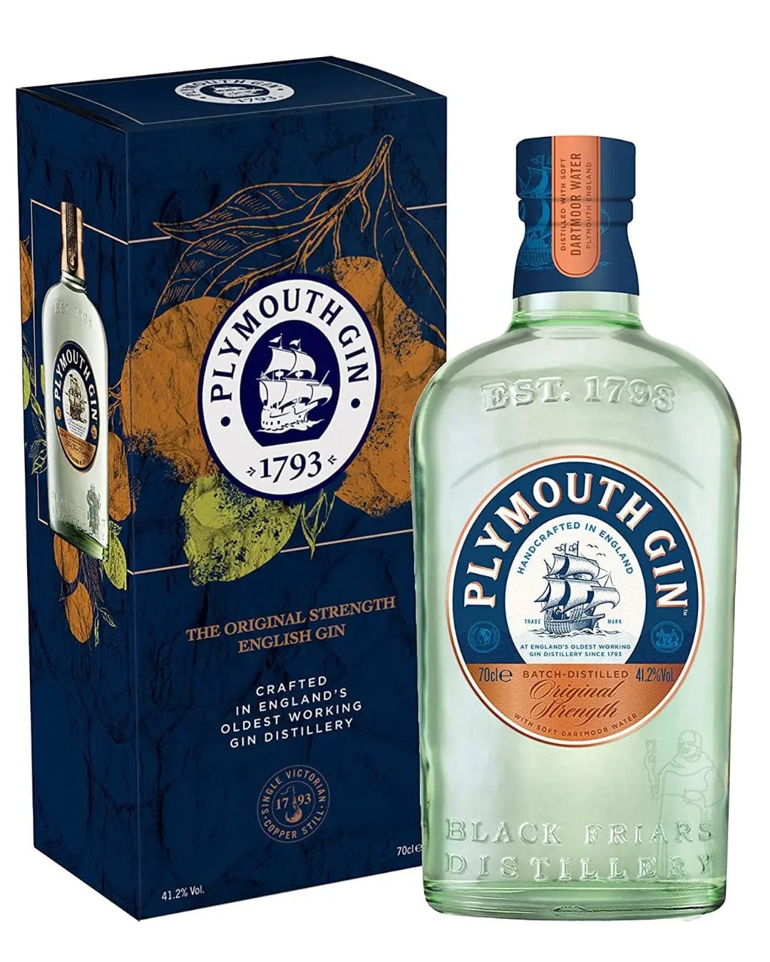 Plymouth Gin gift box featuring a green glass bottle with a ship logo, set against a dark blue box adorned with botanical illustrations and gold accents.