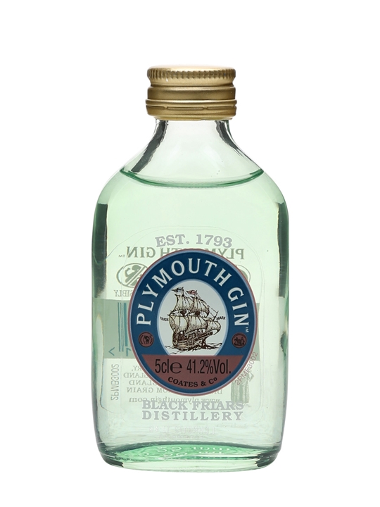 Clear glass miniature bottle of Plymouth Original Gin, featuring a blue and red label with a ship, gold cap, and 41.2% alcohol content, holding 5cl of gin.