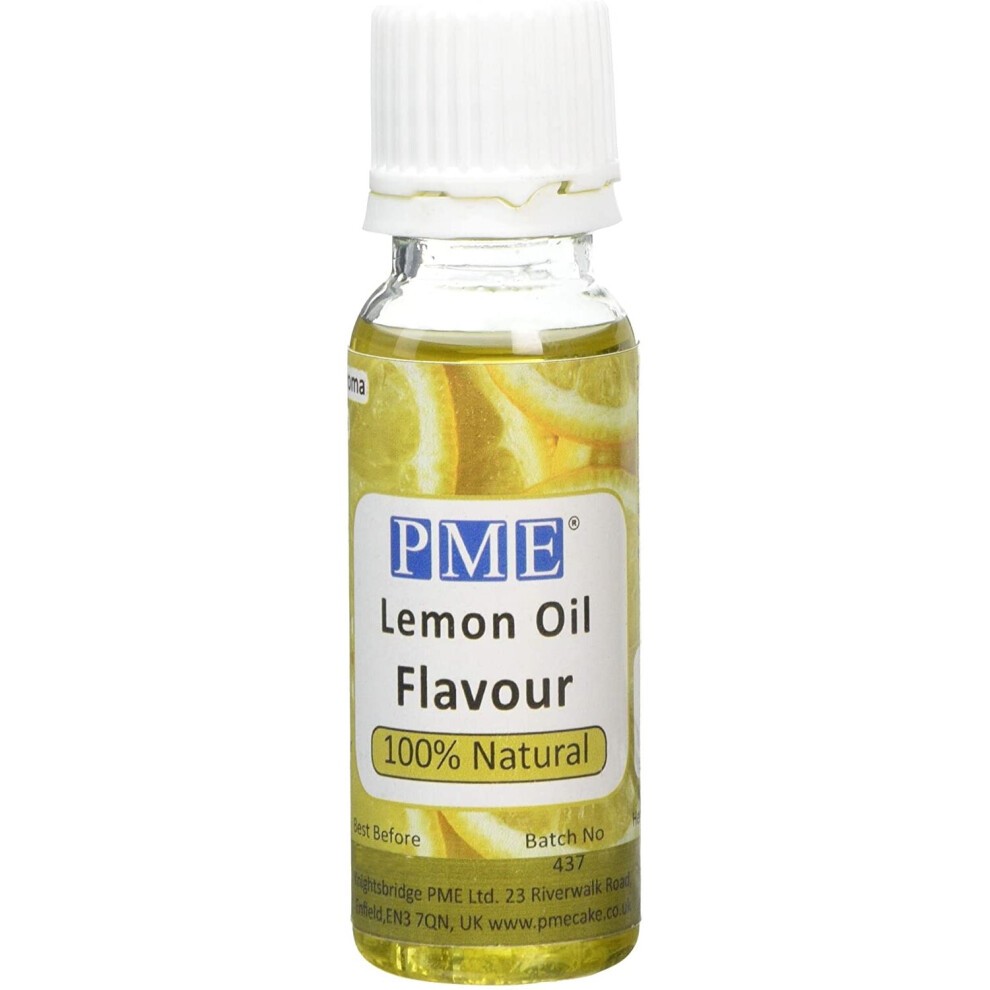 Clear glass bottle containing 23 ml of PME 100% Natural Lemon Oil Flavour, featuring a yellow label with green accents and images of lemon slices.