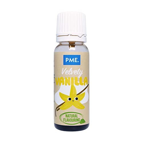 Brown glass bottle containing 25 ml of PME 100% Natural Vanilla Flavour, featuring a white cap and a colorful label with a cartoon vanilla flower and the text "Natural Flavouring."