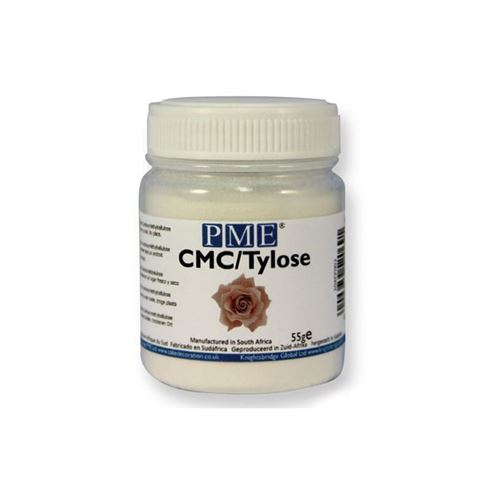 White plastic jar labeled "PME CMC/Tylo" with a rose graphic, containing 55 grams of fine powder, used for cake decorating, with a clear lid and black text details.