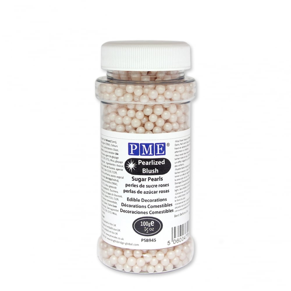 Clear plastic jar filled with 4mm pearlized blush sugar pearls, featuring a white lid and a label with product details and PME branding.