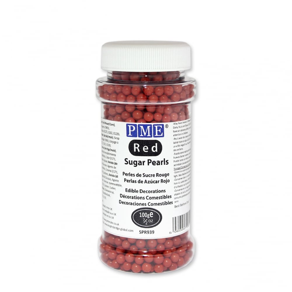 Clear plastic jar filled with red 4mm sugar pearls, labeled "PME Red Sugar Pearls 100g," featuring a white lid and detailed product information on the side.