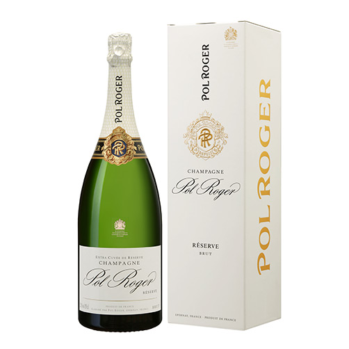 Pol Roger Brut Reserve NV Magnum in a sleek green glass bottle with a gold and white gift box, featuring elegant branding and a prominent logo.