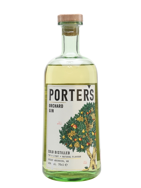 Clear glass bottle of Porter's Orchard Gin, featuring a cork stopper, vibrant label with an illustrated apple tree, and green-tinted liquid, 70 Cl size.