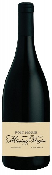 A dark glass wine bottle with a black neck and a cream label featuring elegant script that reads "Post House Missing Virgin 2018, Stellenbosch, South Africa."
