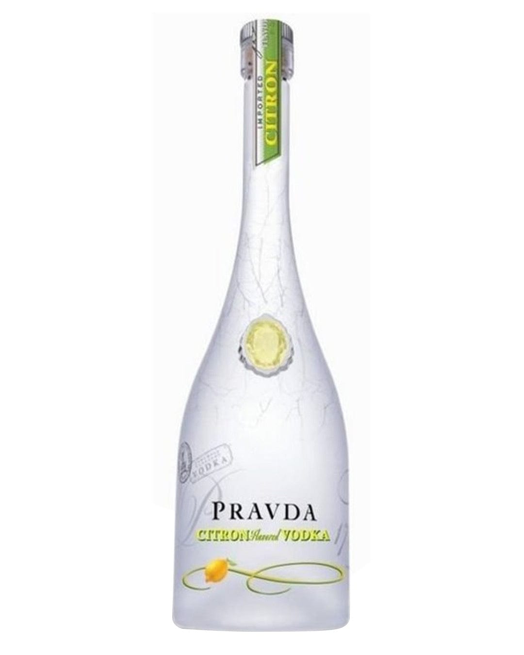 Clear glass bottle of Pravda Ultra Premium Polish Citron Vodka, featuring a lemon slice design, green accents, and a sleek, elongated shape, labeled prominently with "PRAVDA."