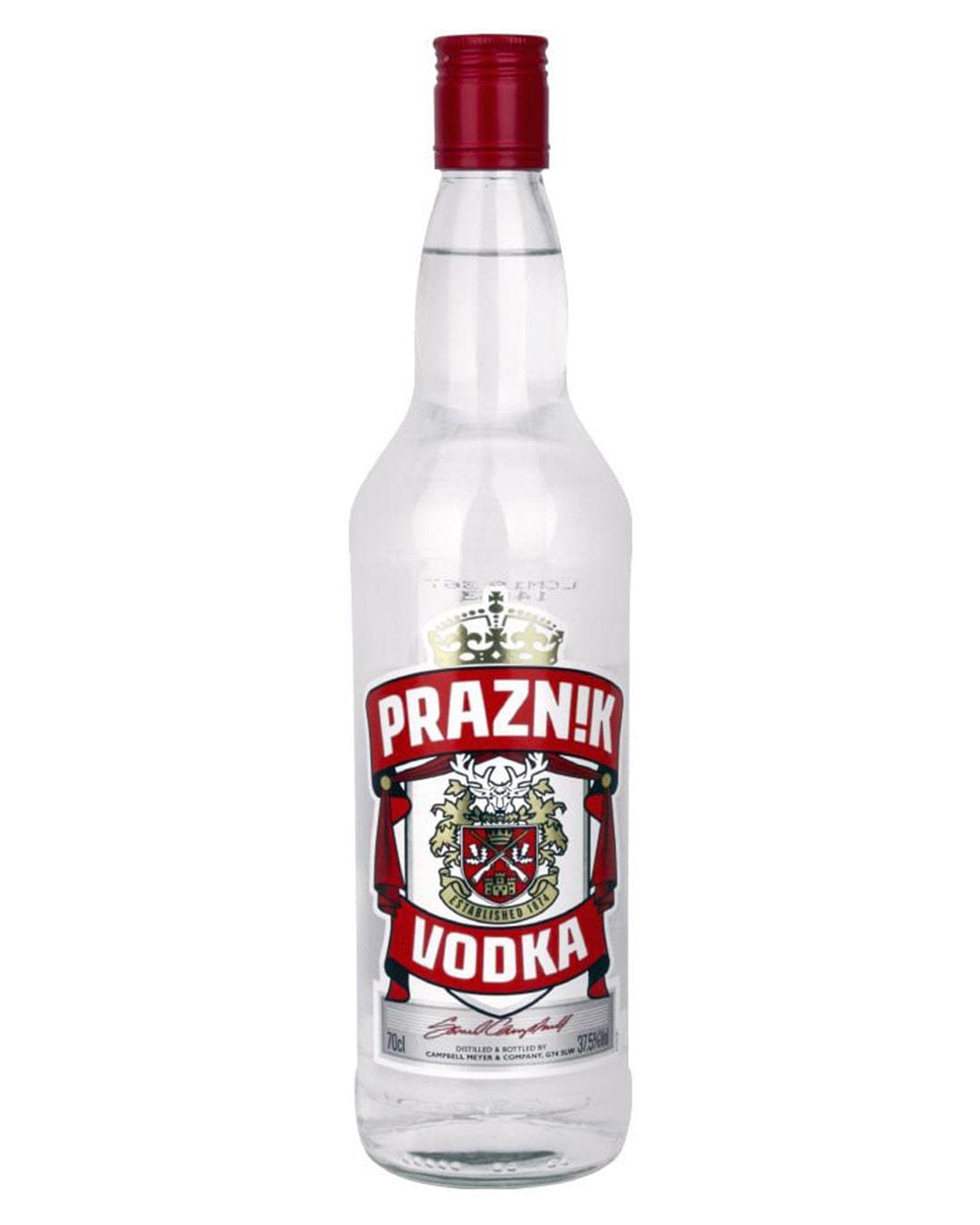 Clear glass bottle of Praznik Vodka, 70 cl, featuring a bold red and white label with a coat of arms and text in red, set against a plain background.