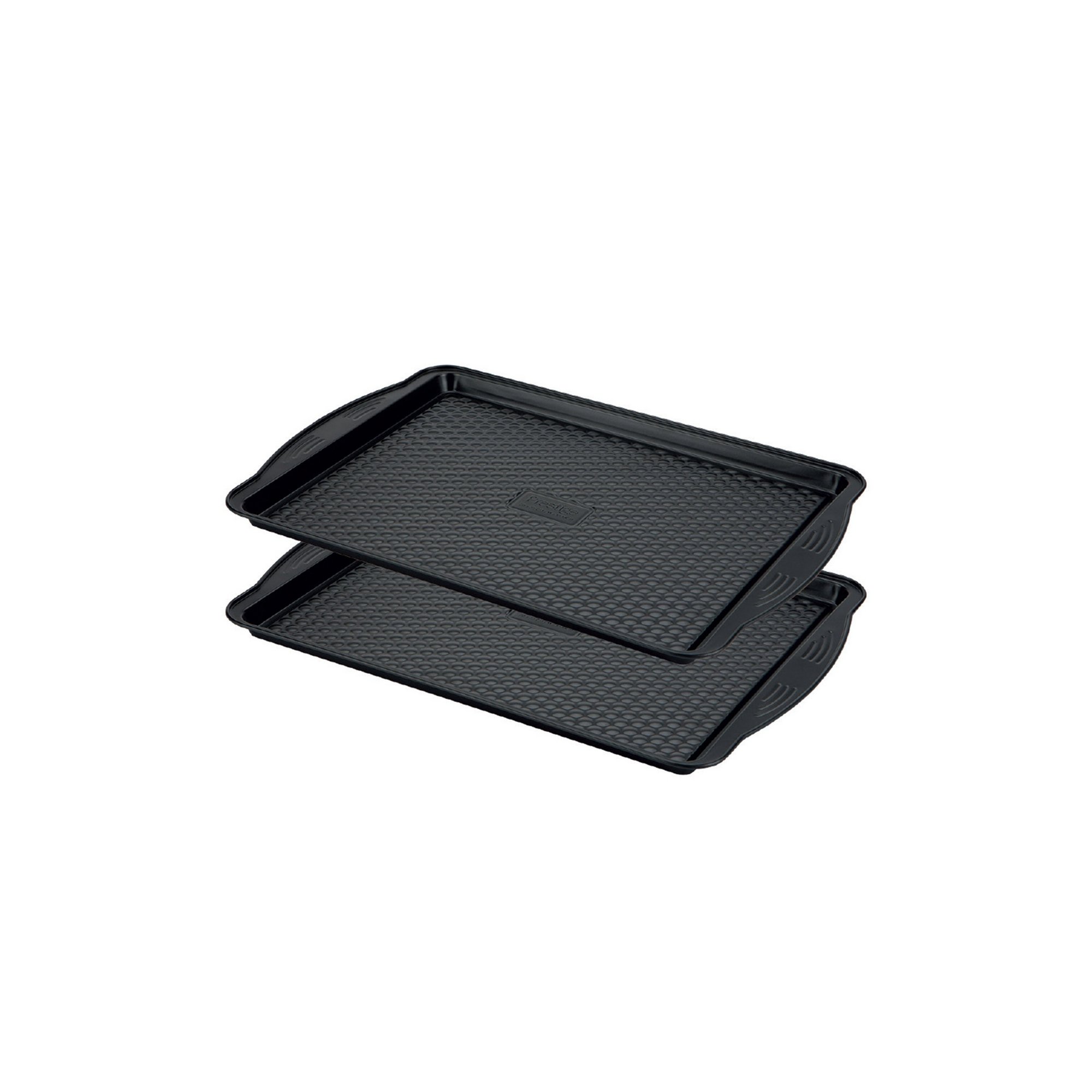 Prestige Black 'aerolift' Steel Oven Tray Set featuring two large trays, measuring 11" x 15", with a textured surface and ergonomic handles for easy handling.