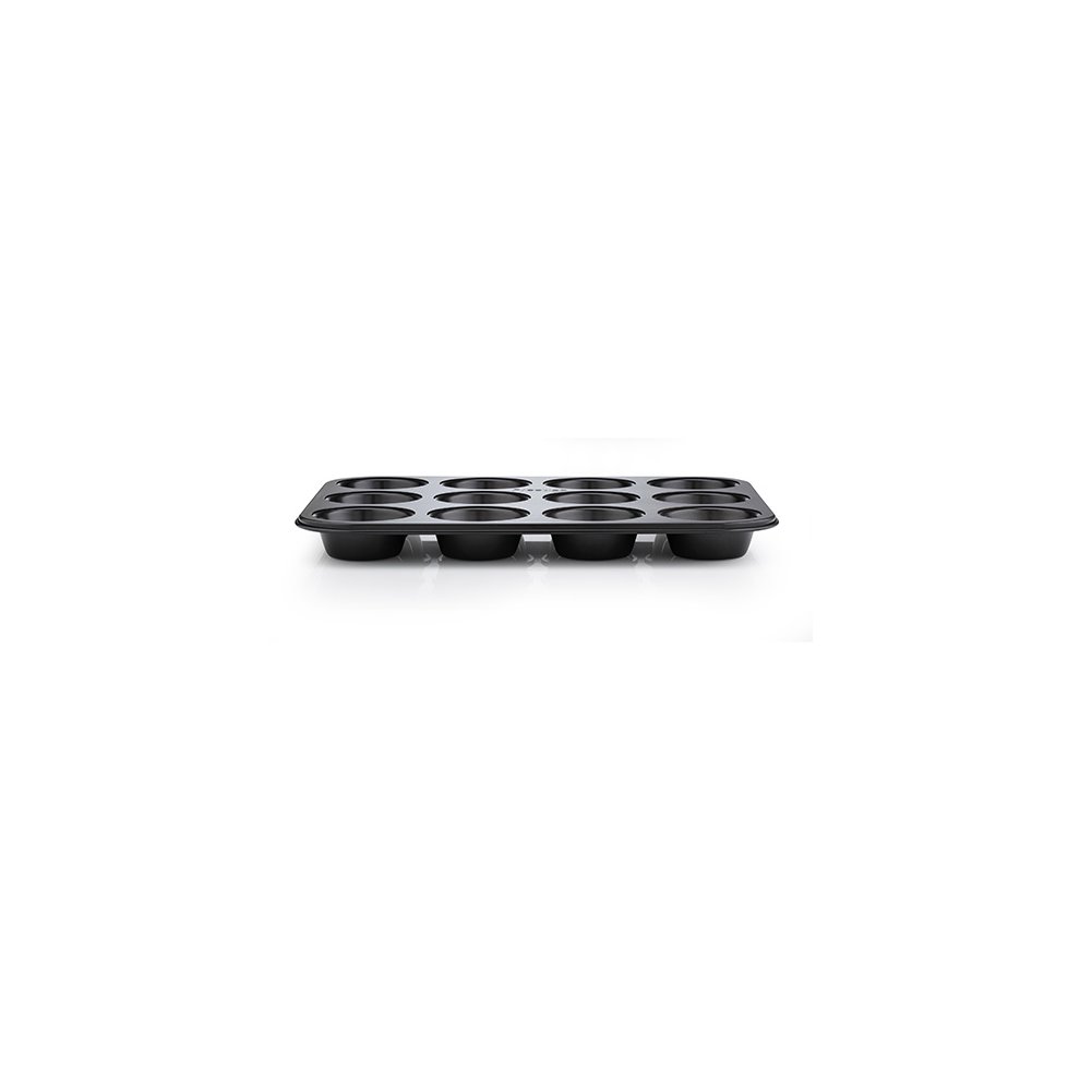 Black non-stick 12 muffin tray by Prestige, featuring evenly spaced cavities for baking, with a smooth finish and sturdy construction for durability.