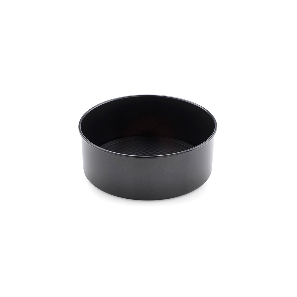 Prestige Black 'inspire' 8" round cake tin made of non-stick steel with a loose base, featuring a smooth black exterior and a textured base for easy release.