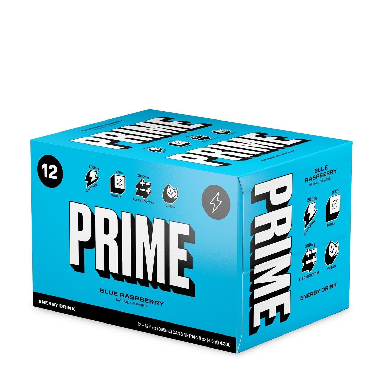 Bright blue box labeled "PRIME" featuring a bold design, containing 12 cans of Blue Raspberry energy drink, highlighting key features and nutritional information.