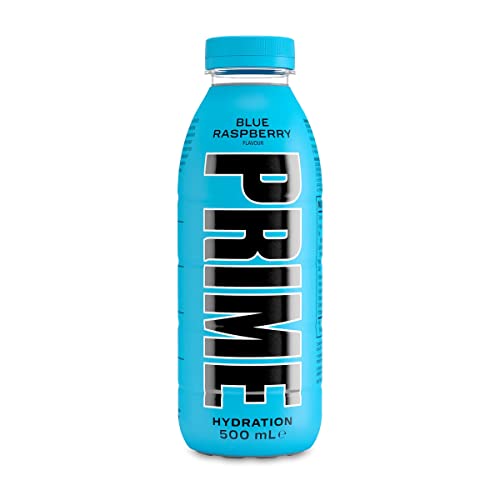 Bright blue bottle labeled "PRIME" in bold black letters, containing Blue Raspberry flavored hydration drink, 500 mL size, part of a 12-pack multipack.