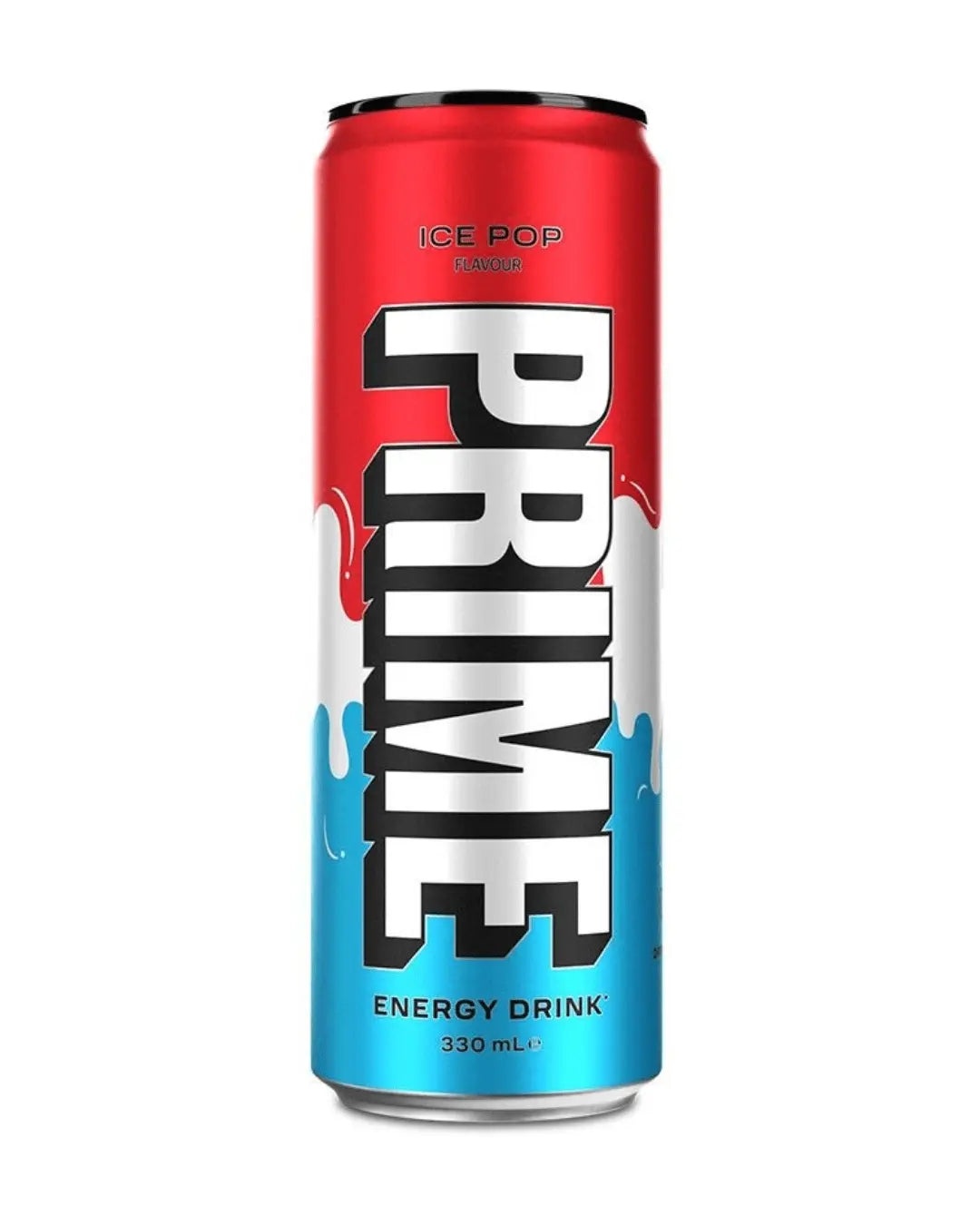 Bright red and blue can featuring bold "PRIME" text, with "ICE POP FLAVOUR" above and "ENERGY DRINK" below, in a sleek aluminum design, part of a 12-pack.