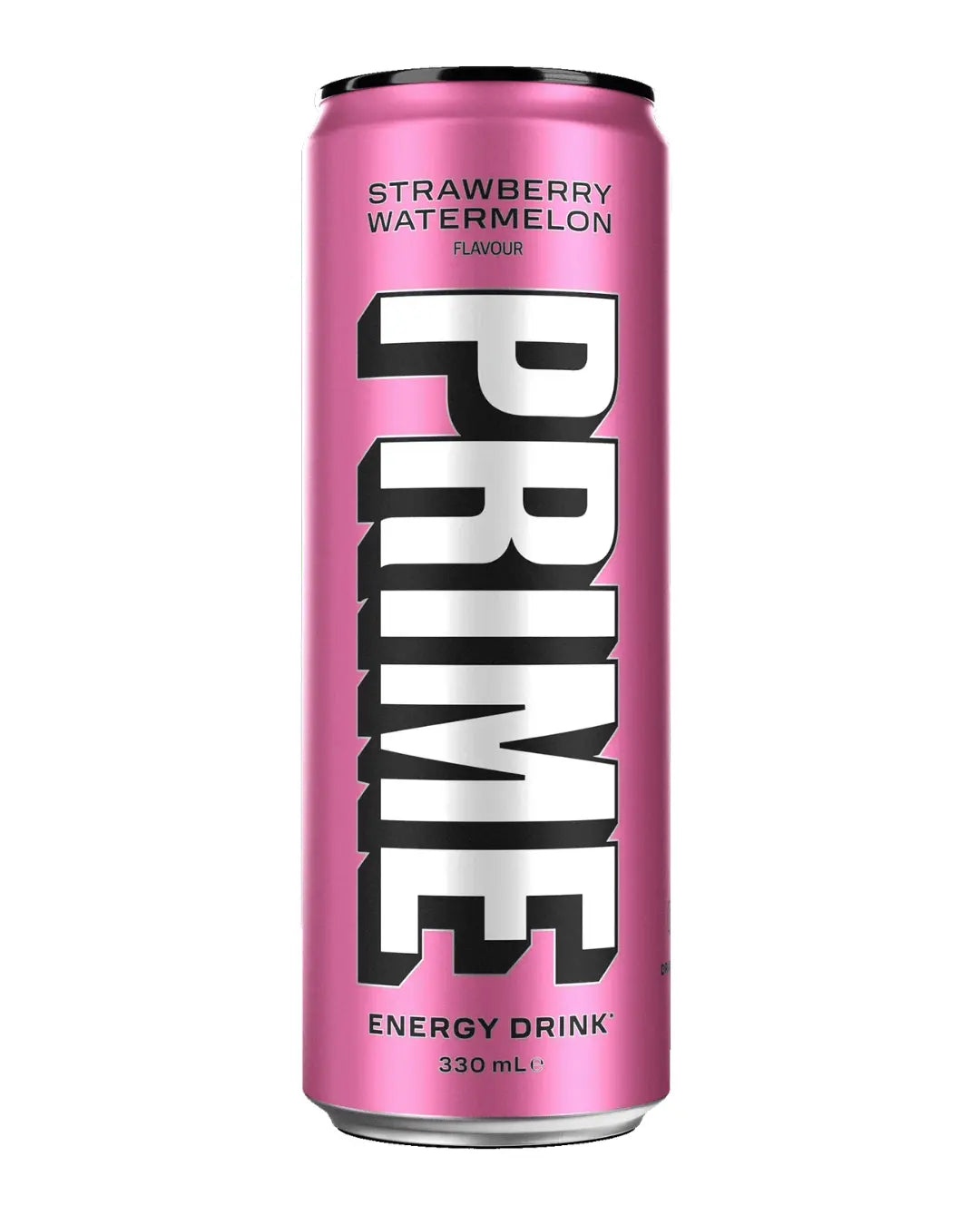 Bright pink can featuring bold black text that reads "PRIME" and "STRAWBERRY WATERMELON FLAVOUR," with a capacity of 330 mL, part of a multipack of 24.