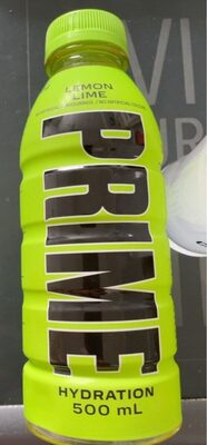Bright green bottle of Prime Lemon Lime Hydration Drink, featuring bold black lettering, 500 mL size, with a yellow cap, showcasing a refreshing lemon-lime flavor.