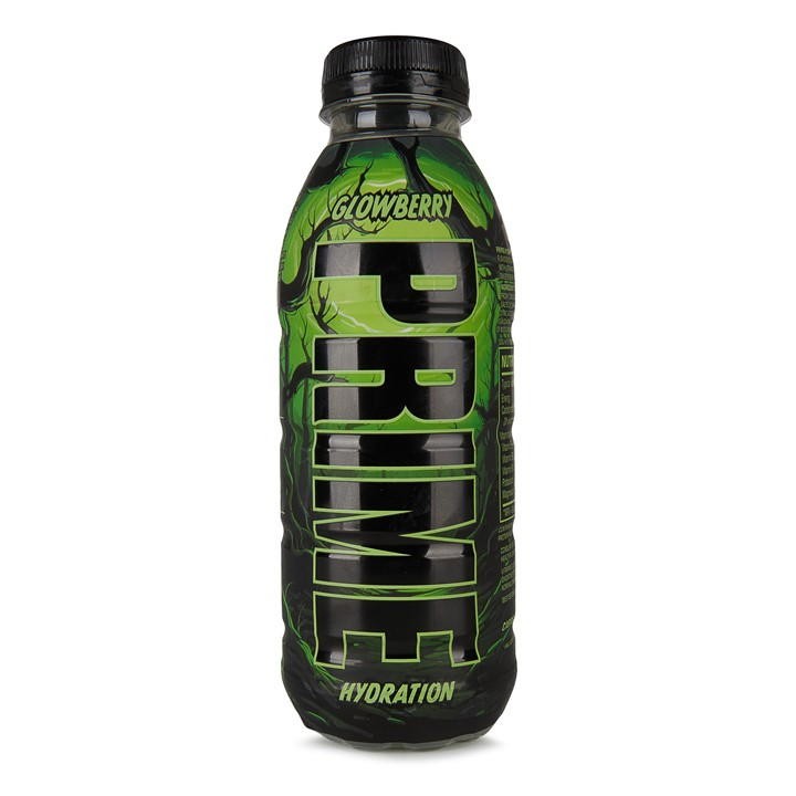 Bright green bottle of Prime Hydration Glowberry, featuring bold black text, a sleek design, and a black cap, showcasing hydration benefits with a vibrant berry theme.