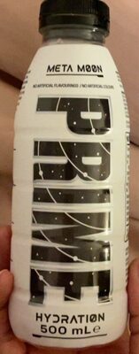 White plastic bottle with a black cap, featuring bold black text "PRIME" and "META MOON" on the front, labeled as a hydration drink, 500 mL size.