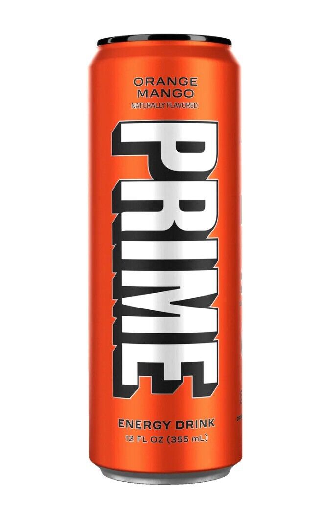 Bright orange can featuring "PRIME" in bold black letters, labeled as "Orange Mango" energy drink, with a capacity of 12 fl oz (355 mL) and a pack of 12 cans.